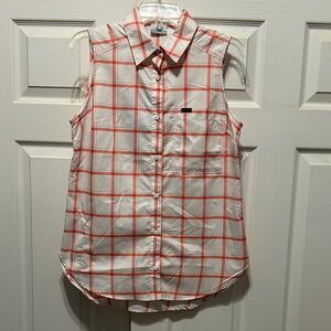 Columbia Sleeveless Coral, blue and White Plaid Button-Up Shirt